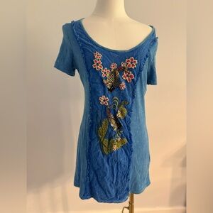 T Party Fashion Blue  Embellished Short Sleeve Tunic Tee